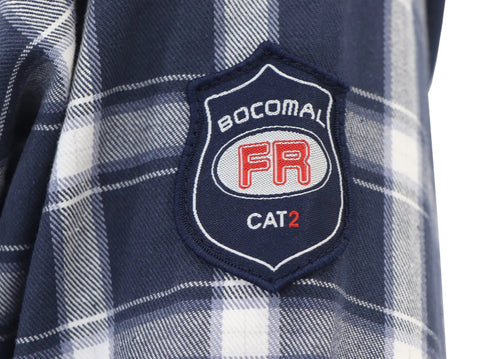 Flame Resistant Work Shirt For Men In Navy White Plaid, 6.25oz FR Cotton Twill badge close-up, lightweight welding shirt