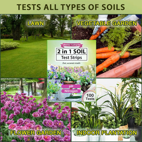 Image of Soil pH and Nitrogen Test Kit packaging showing uses in lawn, vegetable garden, flower garden, and indoor planting.