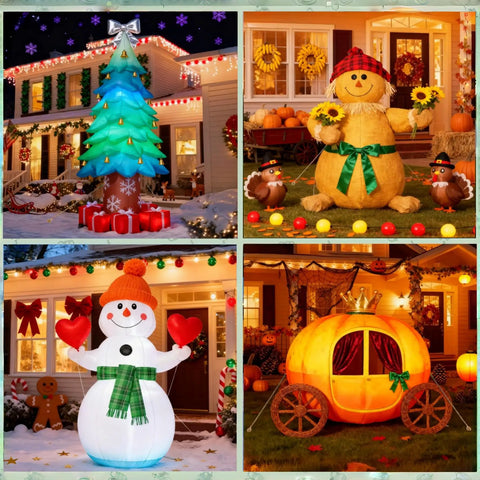 Collage of holiday inflatable decorations: Christmas tree, scarecrow, snowman, and pumpkin carriage in festive outdoor setups.