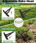 15 Inch Heavy Duty Dethatching Rake With Adjustable Long Handle Metal Turf Rake for grass and lawn cleanup, 19 steel tines, in use