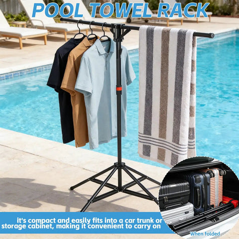 Outdoor Pool Towel Rack, Freestanding 42 to 71 Inch Adjustable Stand with towels, shirts by poolside, close-up of arms.