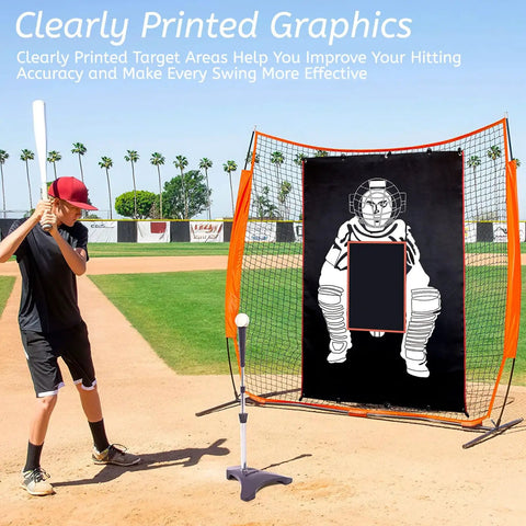 Boy practicing pitching at outdoor field with 6x8 Feet Baseball And Softball Backstop With Strike Zone Black Vinyl Batting Cage Backdrop