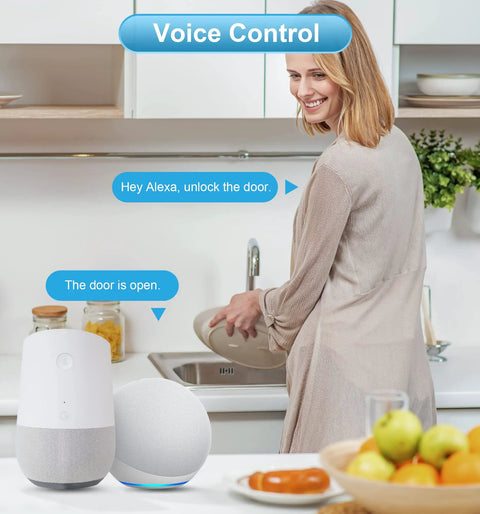 Woman using voice control to unlock door with G2 WiFi Gateway For Smart Deadbolts, Remote Control Hub That Works With DD Lock App And TT Lock App