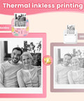 Super Slick Mini Sticker Printer And Quick Photo Maker, showing thermal inkless printing comparison with images.