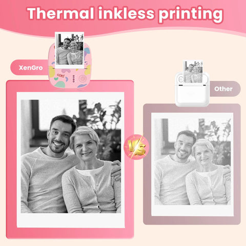 Super Slick Mini Sticker Printer And Quick Photo Maker, showing thermal inkless printing comparison with images.