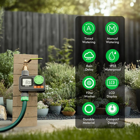 Programmable Sprinkler Timer For Garden Hose With Rain Delay And Manual On Off attached to 3/4-inch hose