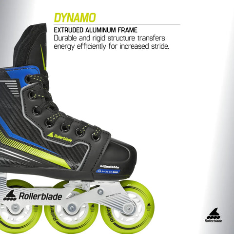 Close-up of Dynamo Kids Adjustable Inline Skates for Hockey Fans with Four Size Growth Fit and Flip Toe Cap, black and lime detail