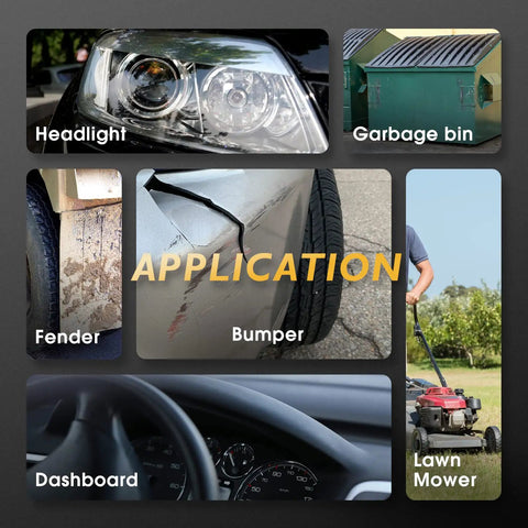 Various applications showing car headlight, garbage bin, fender, cracked bumper, dashboard, and lawn mower.