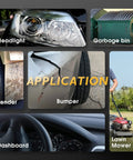 Collage showing a headlight, garbage bin, cracked bumper, dashboard, and lawn mower, highlighting application uses.