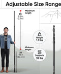 Man holding adjustable aluminum telescoping tarp pole extended to 8 ft, showcasing heavy duty 4 section design for tarps and canopies.