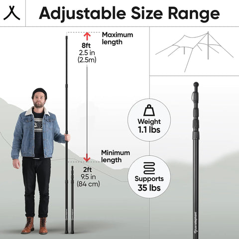 Man holding adjustable aluminum telescoping tarp pole extended to 8 ft, showcasing heavy duty 4 section design for tarps and canopies.