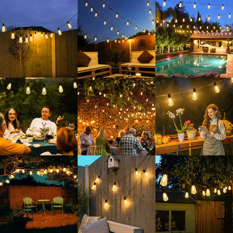 Collage of 150Ft Outdoor Edison String Lights With 77 Dimmable ST38 LEDs illuminating various patios and backyards.