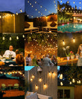 Collage of 100Ft Outdoor String Lights With 52 Shatterproof Edison Bulbs illuminating various outdoor settings, patios, and decks