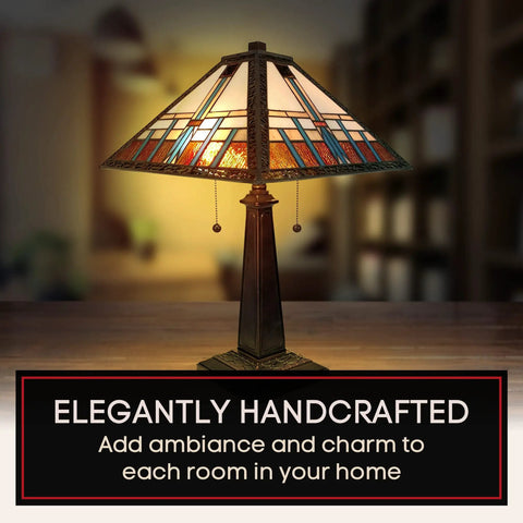 Cool Tiffany Style Table Lamp With Stained Glass Shade Geometric Mission Night Light Blue White Brown Glass 23 Inch Tall
