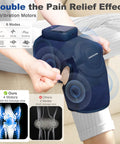 Person using Cordless Knee Massager for Pain Relief With Four Motors, Five Heat Levels, Six Massage Modes, Blue color for all-day comfort.