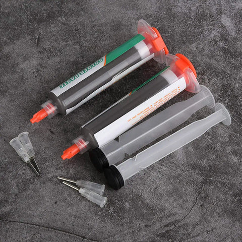 Two 50g Solder Paste Syringes Sn42 Bi58 Tin Bismuth Soldering Flux For SMD PCB Electronics Repair with caps, no smoke or odor