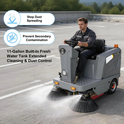51 Inch Heavy Duty Ride On Industrial Floor Sweeper Machine For Warehouses With Solid Tires Hydraulic Brakes And Efficient Cleaning System To Keep Big Spaces Spotless And Tidy Without The Hassle Of Manual Mopping Or Brooming Daily