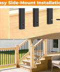 25 Pack 32 Inch Black Metal Deck Balusters Rectangular Spindles For Porch Railing And Stair Railings Side Mount Kit With Hardware For Replacement And DIY Deck Installation, showing easy side-mount installation on wooden deck.