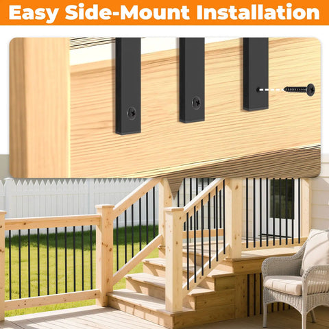 25 Pack 32 Inch Black Metal Deck Balusters Rectangular Spindles For Porch Railing And Stair Railings Side Mount Kit With Hardware For Replacement And DIY Deck Installation, showing easy side-mount installation on wooden deck.