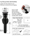 Push-up pop-up drain with overflow feature, durable plastic material, shown with dimensions and easy-clean illustration.