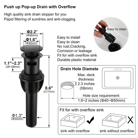 Push-up pop-up drain with overflow feature, durable plastic material, shown with dimensions and easy-clean illustration.