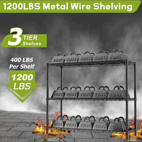 Beefy 3 Tier Wire Shelving Unit With 1200 Lbs Total Capacity And 400 Lbs Per Shelf, loaded with weights, rust-resistant