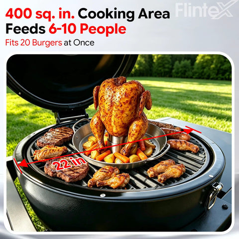 Kickass 22 Inch Steel Kamado Charcoal Grill And Egg Smoker With Cart Featuring Double Wall Insulation And Porcelain Firebox cooking chicken and vegetables.