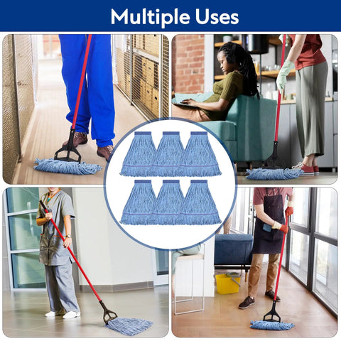 Beefy Heavy Duty Mop Head Replacement For General And Floor Cleaning, Wet Industrial Blue Cotton Looped End String Refills, 6 Pack, Durable 4 Ply Cotton Blend For Commercial Scrubbing in use across various settings.