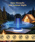 Cordless Bug Zapper Outdoor 4200V Electric Mosquito Zapper with UV lure on table near tent in a campground setting at night.