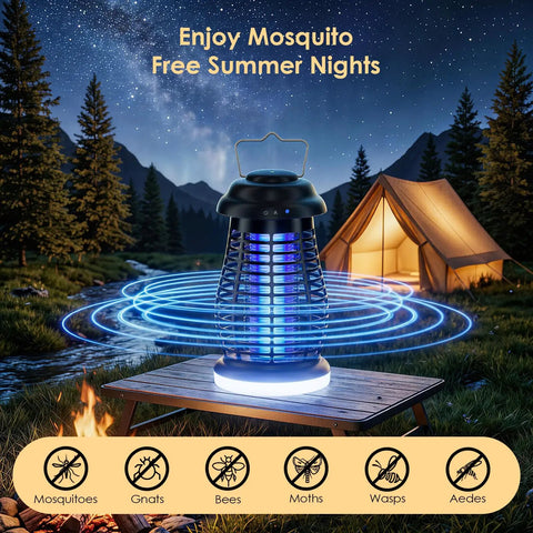 Cordless Bug Zapper Outdoor 4200V Electric Mosquito Zapper with UV lure on table near tent in a campground setting at night.