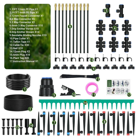 230Ft Drip Irrigation Kit With Quick Connect PE Tubing For Garden Watering No Fuss Sprinkler System And Water Saving Design Includes Three Adjustable Misting Emitters For Greenhouse Raised Beds And Precise Hydration components