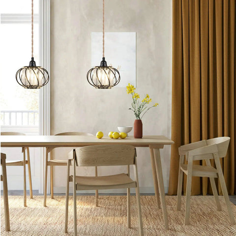 Dining room with Industrial Pendant Light With Crystal Elements And Plug In Cord, 16.4Ft Hemp Rope Hanging Lamp In Black Cage