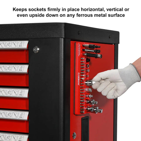 Magnetic Socket Accessory Holder Tray For One Quarter Inch Drive Tools Red Polypropylene Organizer With Rubberized Magnetic Base