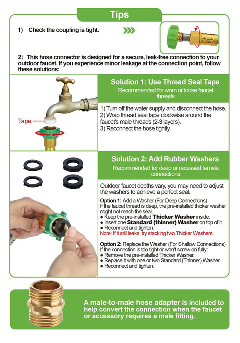 Instructional guide on sealing hose connections with thread seal tape and rubber washers for 3Ft Short Garden Hose With Double Female Connectors