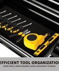Close-up of tools in drawer of 7 Drawer Heavy Duty Rolling Tool Chest Cabinet With Locking Storage For Garage And Workshop Black