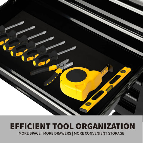 Close-up of tools in drawer of 7 Drawer Heavy Duty Rolling Tool Chest Cabinet With Locking Storage For Garage And Workshop Black