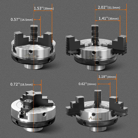 Top Shelf Three Inch Three Jaw Self Centering Wood Lathe Chuck Featuring Reversible Stepped Jaws dimensions with measurements shown.