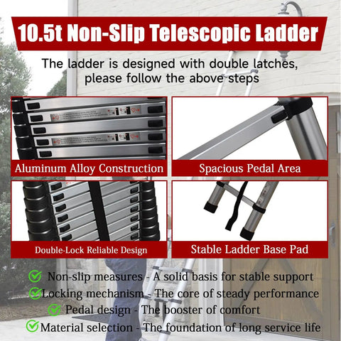10.5 Foot Telescoping Aluminum Ladder, Folding Go-To Tool, Non Slip Multi-Use Step and Extension Ladder, Inward Sliding Collapsible Design, Easy Open and Close, Compact Storage, Supports Up to 330 Lbs for Home Garage and Outdoors