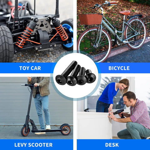 Massive 1705 Piece Machine Screw Kit With Metric Bolts M2 M3 M4 M5 Nuts Lock Washers displayed with uses for toys, bicycles, and scooters