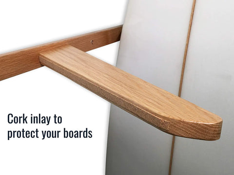 Cork padded arm of the Vertical Timber Wall Rack That Holds 6 Surfboards For Home Or Garage Beefy Natural Hardwood Mount