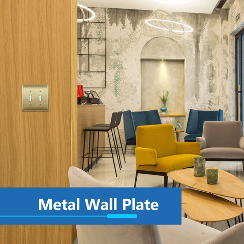 Toggle Light Switch Wall Plate 2 Gang Metal Cover In Stainless Steel With Brushed Brass Finish installed on wall indoors