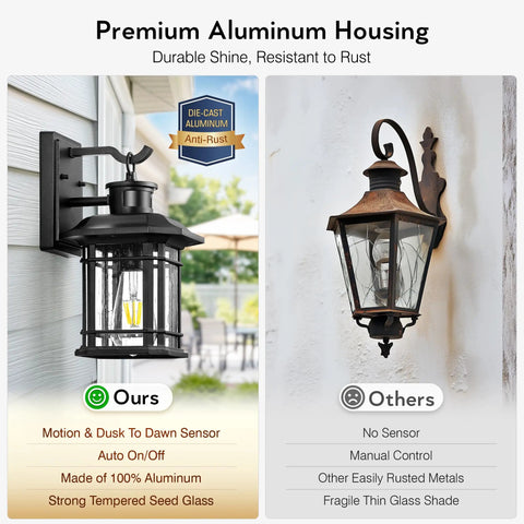 Motion Activated Outdoor Wall Lantern With Dusk To Dawn Sensor In Black Aluminum Anti Rust Finish For Farmhouse Exterior Lighting High Sensitivity Motion Sensor With Three Modes For Garage And Backyard No Fuss