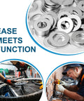 Flat stainless steel washers, 1/4-in size, 100-piece set for bolts and screws; anti-rust, heavy-duty close-up.