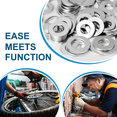 Flat stainless steel washers, 1/4-in size, 100-piece set for bolts and screws; anti-rust, heavy-duty close-up.
