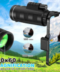40x60 Monocular Telescope With Phone Adapter And Carry Case High Powered Compact Monocular For Wildlife Watching, Hunting, Camping, Travel And Outdoor Adventures, black phone-mounted view