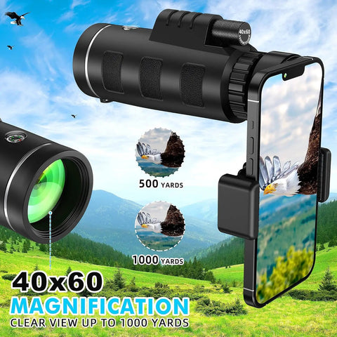 40x60 Monocular Telescope With Phone Adapter And Carry Case High Powered Compact Monocular For Wildlife Watching, Hunting, Camping, Travel And Outdoor Adventures, black phone-mounted view