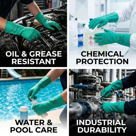 Real Deal Nitrile Chemical Resistant Work Gloves, 18 Mil Thick Puncture Proof Industrial Safety Gear, 12 Pair Pack Handled Tough Chemical Spills With Ease, Large Size in use for oil and grease resistance, chemical protection, and industrial durability.