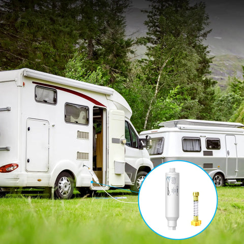 Top Shelf Inline Water Filter With 20 Micron Sediment Removal And Kdf Technology For Fresher Tasting H2o Straight Up Heavy Duty Portable Garden Hose Purifier No Fuss Two Pack connected to an RV in nature.