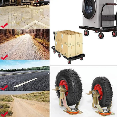 Heavy Duty Rubber Caster With 450 Pounds Load Capacity For Industrial Jobs Featuring Hella Smooth Shock Absorbing Inflatable Wheels.