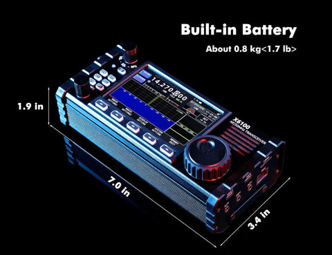 High-Performance SDR HF Transceiver With 50 MHz Coverage Full Mode Operation Built-In Battery And Auto Antenna Tuner 24-Bit Sampling Rugged Ham Radio Rig shown with dimensions 7.0x3.4x1.9 inches